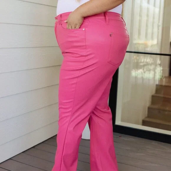 TANYA CONTROL TOP FAUX LEATHER PANTS IN HOT PINK - Picture 8 of 10